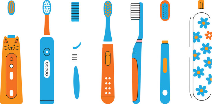 Set of various toothbrushes including electric manual and kids toothbrush types in colorful hand drawn vector illustration style