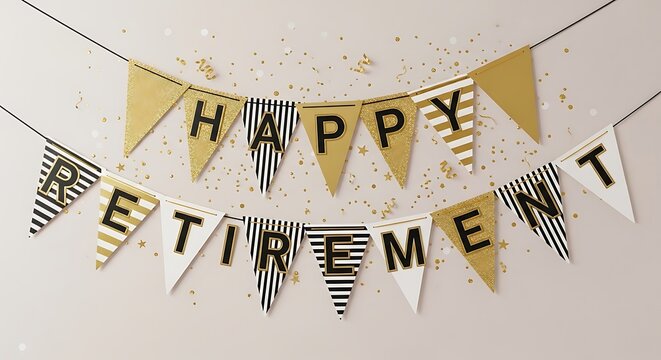 Happy retirement banner with gold and black flags and confetti retirement party retirement celebration farewell confetti