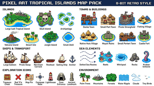 Comprehensive pixel art tropical islands game map element pack for fantasy RPG adventures; an extensive collection of retro-style digital assets for game development and creative projects