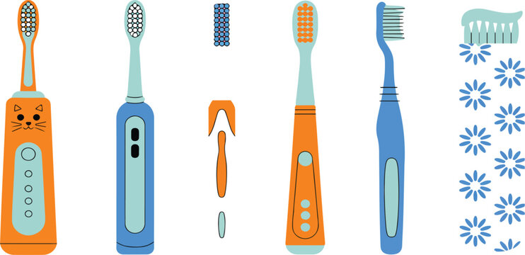 Set of various toothbrushes including electric manual and kids toothbrush types in colorful hand drawn vector illustration style