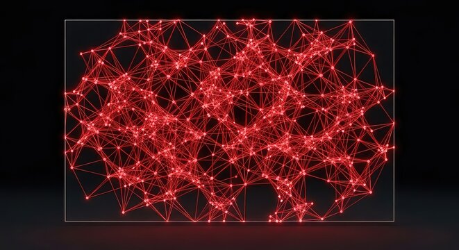 A futuristic digital display showing a complex network of glowing red nodes and interconnected lines set against a minimalist dark background, technology, data, glowing