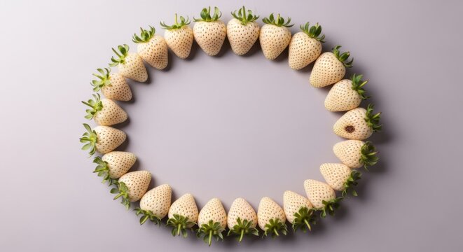 White pineberry strawberries arranged in an oval frame on a neutral surface with copy space for summer food branding, fresh produce advertising and culinary mockup