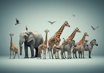 Obraz premium Large african elephant with giraffes and zebras standing together for wildlife conservation, educational nature branding and biological diversity posters