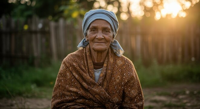 Elderly woman wearing a traditional head wrap and patterned shawl sitting outdoors for community storytelling, humanitarian aid campaigns and cultural diversity marketing