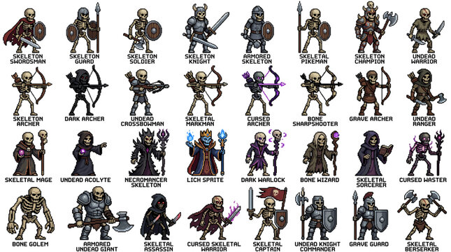 Epic collection of diverse pixel art fantasy game elements featuring an array of undead RPG characters, perfect for adventure design