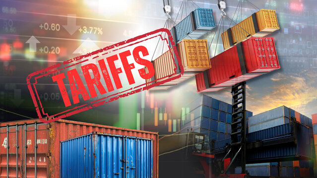 Complex geopolitical shifts and rising tariffs are impacting global imports, exports, and maritime trade. This is illustrated by images of shipping containers, a prominent tariffs stamp