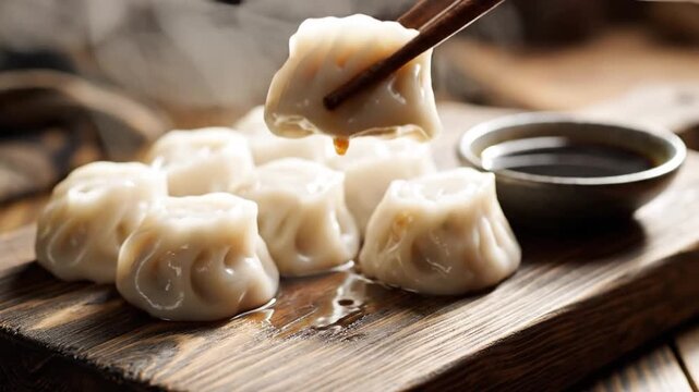 Steaming dumplings arranged on a wooden board ready for consumption