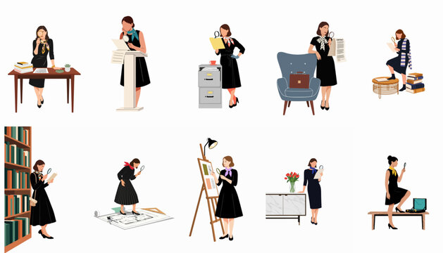 Illustrations of professional women using magnifying glasses for detailed inspection of documents, books, and architectural plans in various workplace environments.