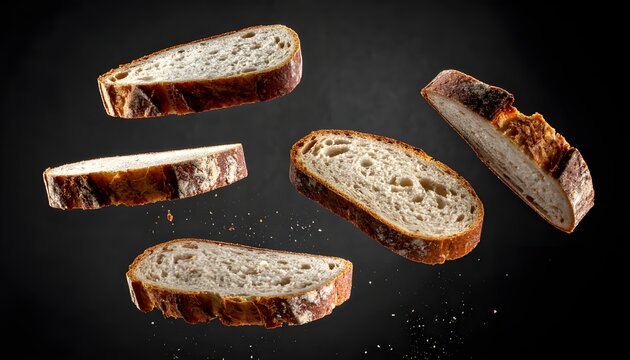 Multiple bread slices suspended in motion, captured in a dynamic composition with soft light, emphasizing freshness and movement.