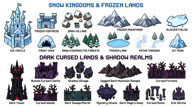 Diverse pixel art game elements for mobile RPGs, featuring enchanting frozen kingdoms and ominous dark lands, perfect for casual fantasy world building assets