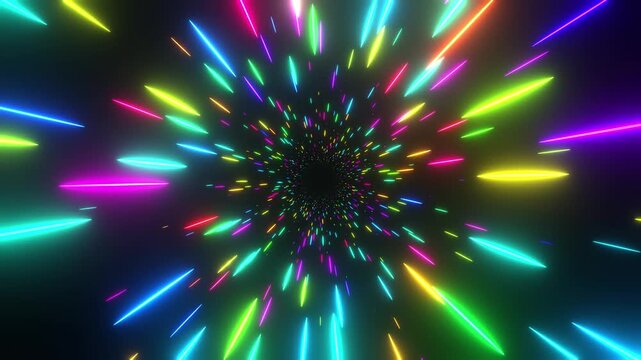 Space speed background animation with neon laser beams on black, 3D abstract science fiction hyperspeed background, 4k computer graphics animation.