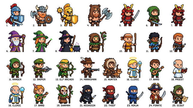 Pixel art game elements for RPGs and strategy games, featuring diverse characters and fantasy creatures