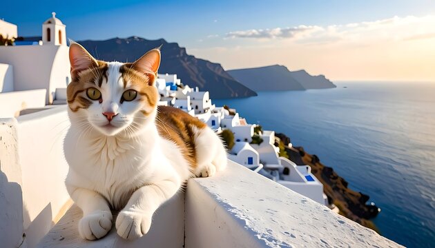 A serene cat on a white ledge overlooking the ocean