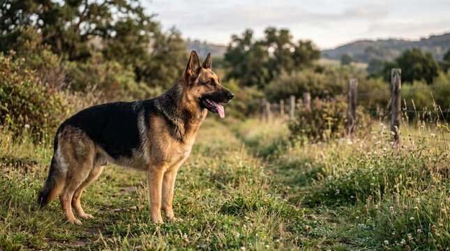 Nature documentary style
A German Shepherd captured like a wildlife documentary scene, standing on grass, left of frame, facing right. Natural lighting enhances its coat, ears alert, tongue visible. B