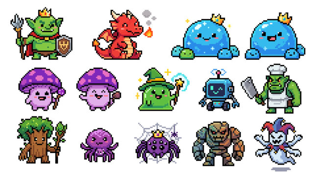 Collection of fantasy pixel art characters, including goblins, dragons, slimes, mushrooms, robots, and monsters