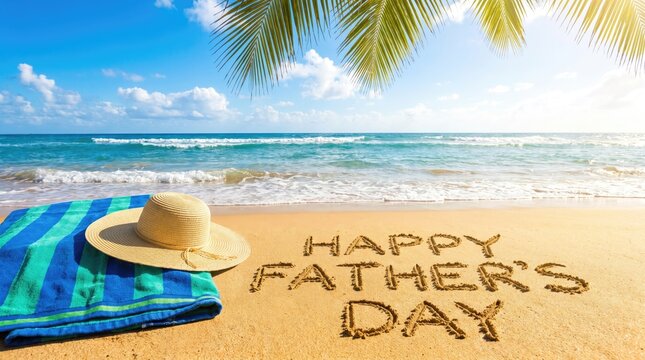 Happy fathers day beach scene celebrating dad with sun sand and ocean views