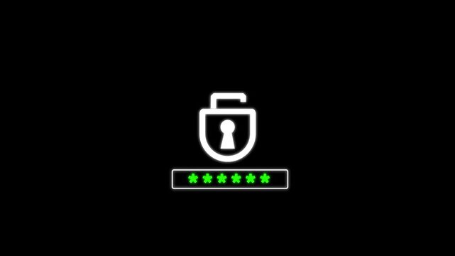 Unlocked lock icon animation with green password symbols. Unlocked lock icon access granted concept. Unlocked lock icon security graphic.