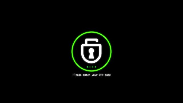 Security lock icon animation with otp code prompt. Green security lock icon for authentication. Security lock icon login interface.