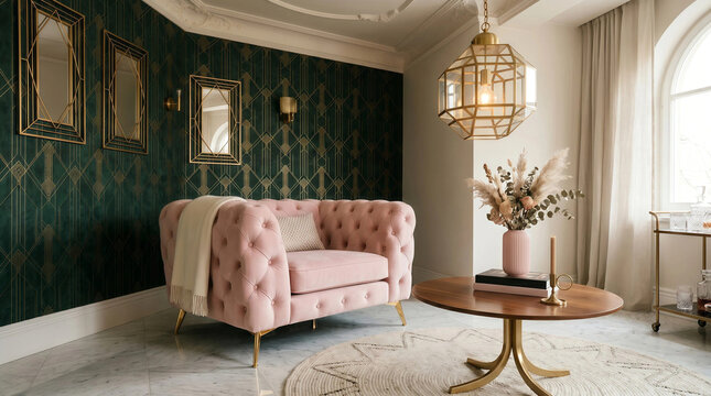 Cozy modern domestic living room interior featuring elegant dark green walls and a soft blush pink sofa