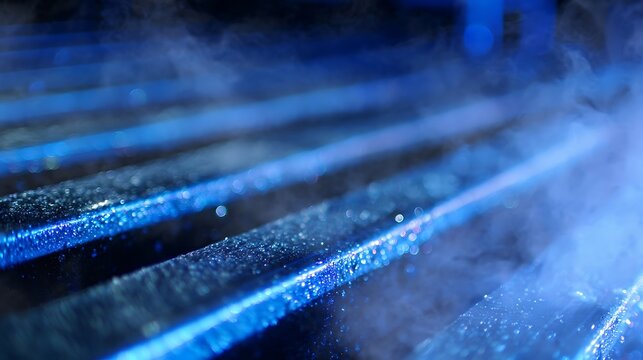 Close-animated movie view of a grill grate with blue light reflecting off the metal and steam rising