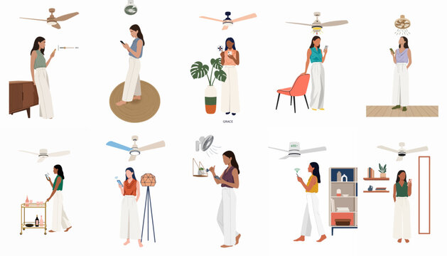 Collection of minimalist flat vector illustrations featuring women using smartphones to control smart ceiling and wall fans in modern home interiors.