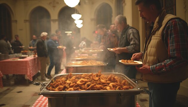 People serving themselves from a large buffet of cooked shrimp in a dimly lit indoor venue with steam rising from the food