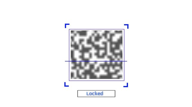 QR code scan animation with blue framing brackets. QR code scan digital data identification. QR code scan technology interface.