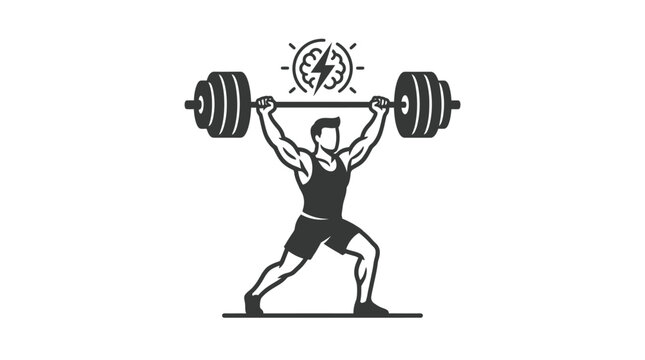 Athlete lifts a heavy barbell while a brain icon glows with electricity.