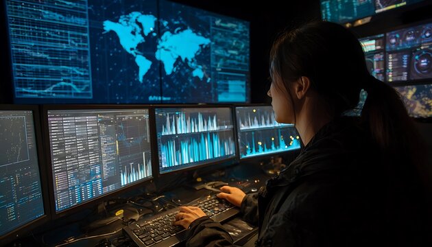 Woman in dark room monitoring multiple computer screens displaying world map and data charts, focused on her work