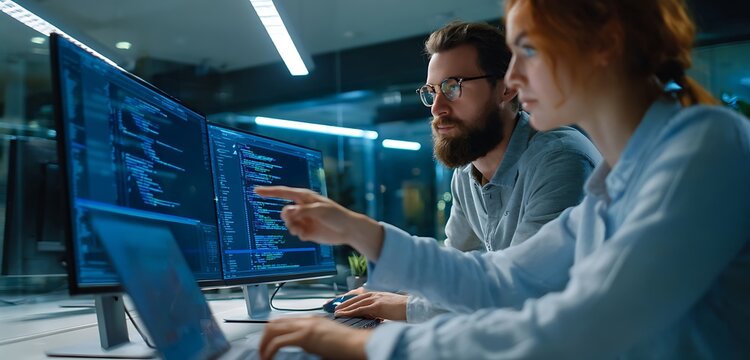 Two colleagues collaborate on a computing task, pointing at code displayed on multiple computer monitors in a modern office environment
