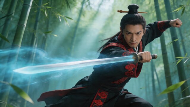 Man in traditional outfit wielding glowing sword