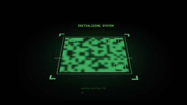 QR code scan animation with initializing system text. QR code scan boot sequence display. QR code scan technology interface.