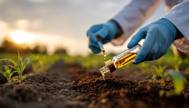 Scientist in blue gloves and lab coat applies liquid from a small bottle to soil near young plants in a field at sunset, conducting agricultural research