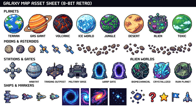 Retro 8-bit pixel art asset pack for sci-fi galaxy map creation. Features planets, moons, spaceships, and stations, perfect for game development projects