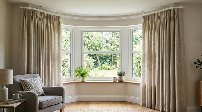 Elegant interior design, showcasing a bay window adorned with flowing curtains, filling a room with natural light. The soft tones and inviting setup of the interior, promoting a sense of serenity.