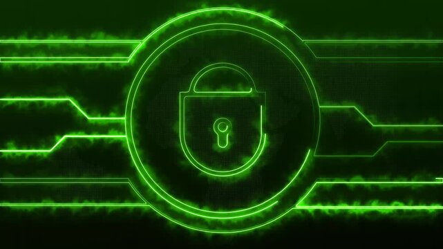 Digital world map animation with neon lock icon. Digital world map global security concept. Digital world map cybersecurity graphic.
