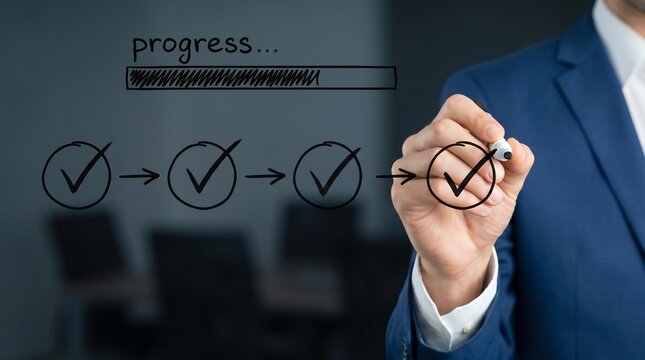 A businessman drawing a progress bar and a series of completed checkmarks on a transparent screen, symbolizing task completion and project management.