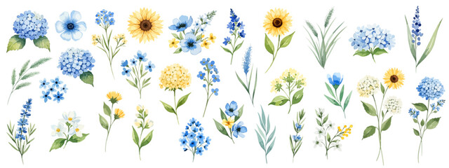 Obraz premium 青系の花と草花の水彩風セット素材イラスト｜ボタニカル・ナチュラルフラワーコレクション