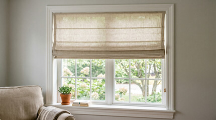 Fototapeta premium A serene window with elegant Roman shades and a view of lush greenery creates a sense of peaceful tranquility, natural light filters through the window, enhancing the calming ambiance.