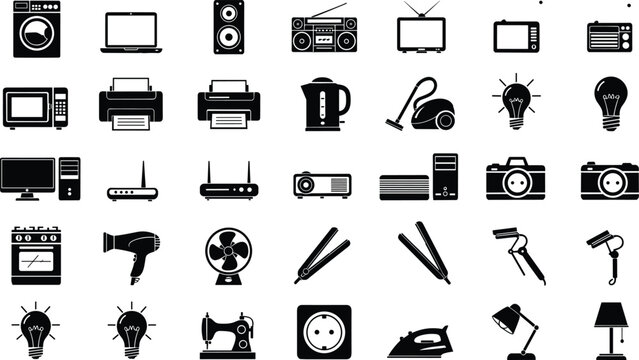Professional Home Appliance and Consumer Electronics Icon Set Featuring Solid Silhouette Designs for E-commerce, Technical Manuals, and Smart Home Graphic DesignsProfessional Home Appliance and Consum