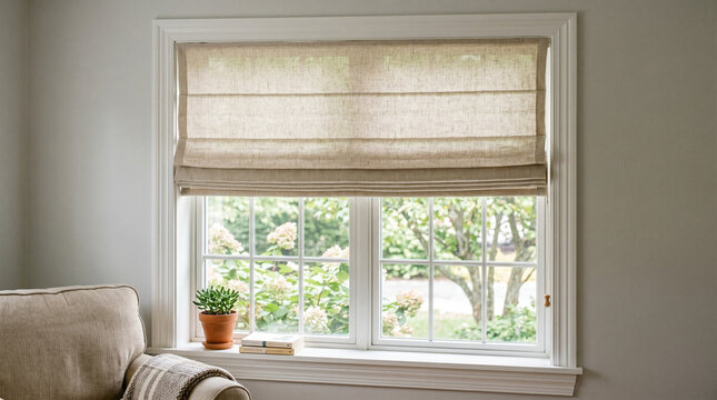 A serene window with elegant Roman shades and a view of lush greenery creates a sense of peaceful tranquility, natural light filters through the window, enhancing the calming ambiance.