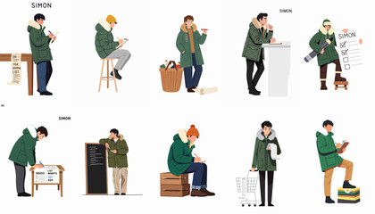 Character set of a young man in a green parka engaged in various activities related to making shopping lists and organizational planning. © Andres