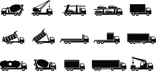 Professional Industrial Truck Silhouette Set Featuring Construction Vehicles, Cargo Haulers, and Logistics Transport for Supply Chain, Building Site, and Heavy Industry Graphic DesignsProfessional Ind © Sonjoy