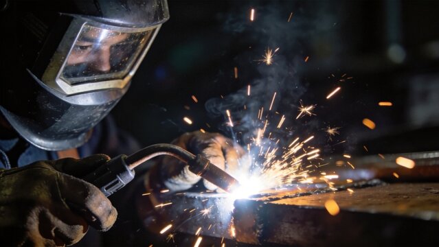 Person welding metal with sparks