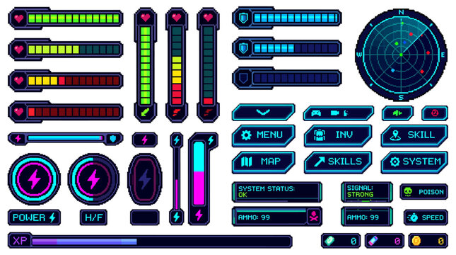 Vibrant pixel art sci-fi RPG game interface elements set, featuring health, power, XP bars, radar, and status indicators for a dynamic digital experience
