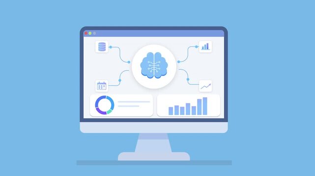 Clean animation of a desktop monitor displaying AI data analytics dashboard with cloud network, connected nodes, and charts, representing machine learning and digital workflow systems.