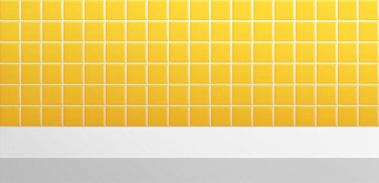 Bathroom or kitchen scene with white table and yellow tiles. Background with pattern of square ceramic tile. Clean scene studio for product display. 3D Realistic vector illustration