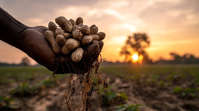 Farmer's hand holding freshly harvested peanuts with roots and soil, illuminated by a warm sunset over a cultivated field