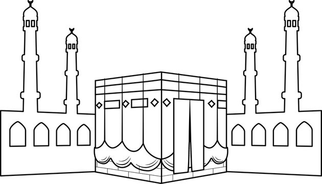 kaaba and mosque minarets line art for coloring page