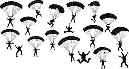 Professional Skydiving Silhouette Set Featuring Parachutists and Skydivers in Various Mid-Air and Landing Poses for Extreme Sports, Adventure Travel, and Active Lifestyle Graphic DesignsProfessional S © Sonjoy
